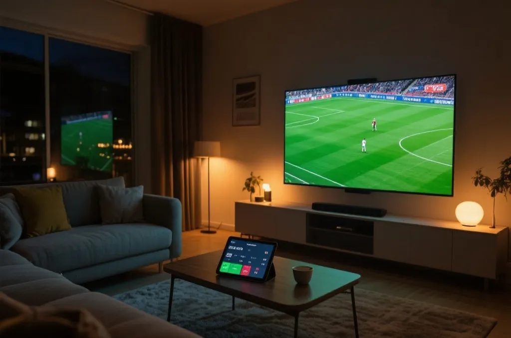 A cozy modern living room at night, a large smart TV screen displaying a generic football match on a green field, a tablet on the coffee table showing match statistics, warm ambient lighting